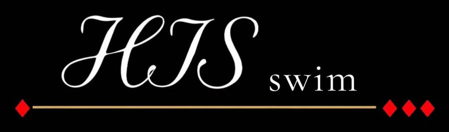 HIS Swim logo: white script HIS with swim in small serif lettering, gold line and red diamonds